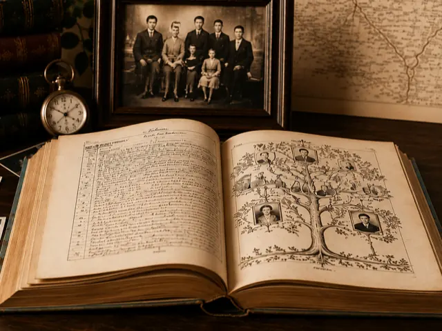 An open family register: handwritten entries down the left-hand page, a family tree drawn by hand on the right.